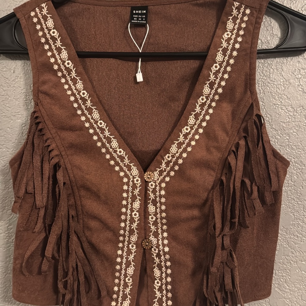 SHEIN Brown Vest with Fringe and Embroidery